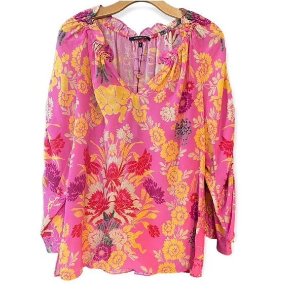 Kobi Halperin M NWT Pink Orange Floral Silk Ruched Large Angel Sleeve Blouse - Picture 1 of 9
